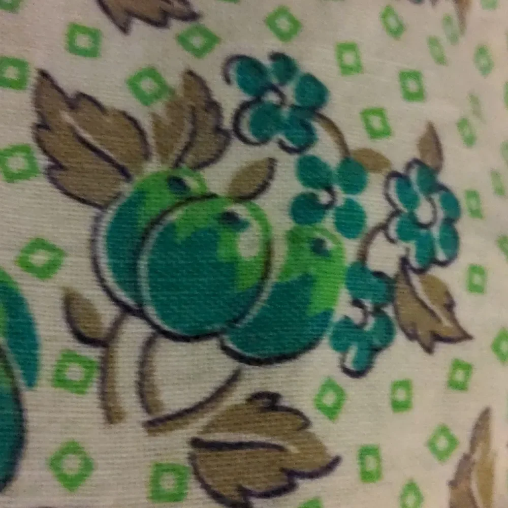 Vintage fruit and flower green‎ tan and white tablecloth